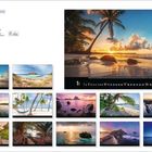 "Trauminseln" oben links, darunter kleine Bilder: Strände, Palmen, Sonnenuntergänge, ruhiges Wasser. Logo links oben.