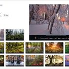 "Magische Wälder" zeigt ein Kalenderlayout mit zwölf Waldszenen. Schneebedeckte Bäume im Sonnenuntergang dominieren.