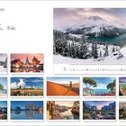"Sehnsuchtsorte" Kalender mit 12 Monatsbildern von Städten, Landschaften und Natur. Klar strukturierte Anordnung.