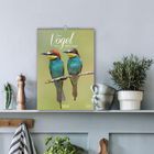 „Vögel 2027“ Kalender mit zwei bunten Vögeln auf einem Ast, platziert auf einem Regal mit Pflanzen und Küchenutensilien.