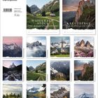 "Peak Perspectives," "Widderalpstöck," "Kreuzberge." Alpenlandschaften mit Bergen, Wäldern und Dörfern. Kalenderlayout.