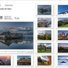 „Hüttenzauber der Alpen“, Kalender mit Alpenmotiven, zeigt Hütten vor Bergkulissen. Links Kalenderblätter, rechts kleine Vorschaubilder.
