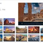 "Antike Traumziele" mit Bildern von historischen Ruinen und Landschaften, darunter Pyramiden und antike Tempel.