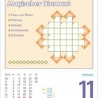 Magischer Diamant Rätsel, Kalenderblatt mit Wochentagen. Hinweise: Fluss, Pförtner, Aufprall, Schuhformer, Schulfach.
