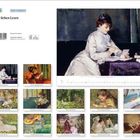 "Frauen lieben Lesen." Oben viele Gemälde von Frauen, die lesen. Hauptbild: Frau in weiß liest Brief.