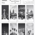 Korsch Verlag, Bauwerke 2024. Verschiedene Architektur-Silhouetten berühmter Gebäude in Schwarz-Weiß.