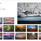 "Colourful Seasons" steht oben. Verschiedene Naturbilder, die Jahreszeiten zeigen, darunter ein schneebedeckter Wald mit teils gefrorenem See.