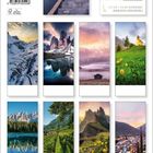 „Südtirol“, „Made in Germany“, mehrere Landschaftsfotografien mit Bergen, Flüssen, und Blumenwiesen. Oben links Logo.