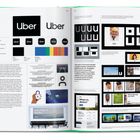 Eine Doppelseite über Ubers Design: Logos, Farben, Schriftarten und visuelle Konzepte mit Fokus auf Markenidentität.
