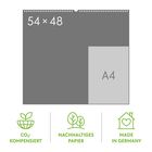 54 × 48, A4. CO₂-Kompensiert, Nachhaltiges Papier, Made in Germany. Drei grüne Symbole darunter.