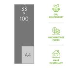33 × 100, A4. CO₂-kompensiert, nachhaltiges Papier, Made in Germany. Mit Illustrationen eines Blattes, Bäume, Haus.