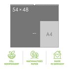 54 × 48, A4. Symbole: CO2-kompensiert, Nachhaltiges Papier, Made in Germany. Graues Rechteck mit kleinerem Rechteck.