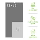 33 × 66, A4. CO₂-kontrolliert, Nachhaltiges Papier, Made in Germany. Illustrationen: Pflanze, Bäume, Haus mit Herz.