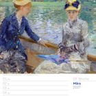 09. Woche, März 2027. Kalenderseite mit Gemälde: Zwei Frauen in einem Boot, eine trägt einen gelben Hut.