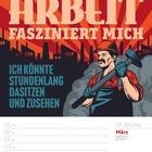 "Arbeit fasziniert mich. Ich könnte stundenlang dasitzen und zusehen." Illustration eines Arbeiters mit Hammer und Fabrikhintergrund.