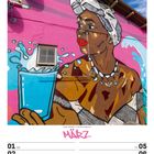 "März" in Pink. Illustration: Frau mit Kopftuch, rotem Lippenstift, Halsschmuck, blauer Hintergrund, Spritzer, Kalenderansicht.