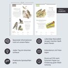 Texte: Schleiereule, Sperbereule, Braunkehlammer, spannende Informationen rund um unsere Natur, lebendige Naturabbildungen. Links ein Kalender mit Eulen, rechts einer mit Ammern. Darunter Piktogramme mit kurzen Infos zu Natur, Planung und Herstellung.