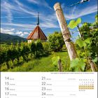 Juni 2027 Kalenderblatt, eine Kapelle im Markgräflerland, bewölkter Himmel, Weinreben im Vordergrund.