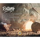 "Rettung" steht oben, gefolgt von Joh 3,16-17. Links eine Krippe, rechts ein heller Höhleneingang mit rundem Stein.