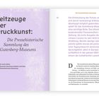 Text links: "Zeitzeuge der Druckkunst: Die Pressehistorische Sammlung des Gutenberg-Museums". Rechts Fließtext in Lila.
