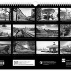 Monatsnamen Januar bis Dezember mit jeweils einem Schwarz-Weiß-Foto von Landschaften und Architektur, K4 Verlag.