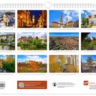 Kalender mit Monatsnamen unten: Januar bis Dezember. Jedes Bild zeigt eine malerische Landschaft oder Stadtansicht.
