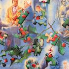 Gemälde mit Puzzle-Teilen und Stechpalmen; historische Szene mit mehreren Personen in formeller Kleidung.