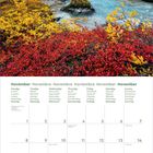 Kalender von November, mehrsprachig, mit Feiertagen. Darüber eine herbstliche Landschaft mit Fluss und bunten Sträuchern.