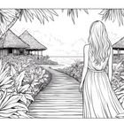 Illustration: Frau in langem Kleid steht auf einem Weg, umgeben von Pflanzen. Im Hintergrund Strohhütten und Meer.
