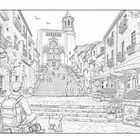 Illustration einer Altstadtstraße mit Treppen, einem Marktstand, einem sitzenden Reisenden und einer großen Kirche im Hintergrund.