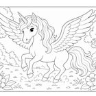 Ein geflügeltes Einhorn mit langer Mähne steht in einer Wiese, umgeben von Bäumen und Blumen.