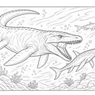 Eine Illustration von prähistorischen Meerestieren. Ein großes, reptilienartiges Wesen mit Zähnen jagt kleinere Fische.