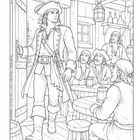 Eine Illustration: Ein Pirat betritt eine Taverne, wo mehrere Piraten sitzen und ihn ansehen. Im Hintergrund hängen Laternen.
