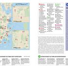Die linke Seite zeigt eine Karte von Phuket mit markierten Sehenswürdigkeiten, Restaurants und Aktivitätsorten. Rechts oben ist Text über "Soi Romanee’s Shrine". Unten Beschreibungen von Cafés und Restaurants in Phuket Old Town.