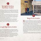 Seiten mit Text über Drehorte in London: Springfield Gardens, Borough High Street und King's Cross. Foto von King's Cross.