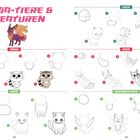 "MANGA-TIERE & -KREATUREN. Tanuki, Katze, geflügelte Katze – Schritt-für-Schritt Anleitungen, bunte Illustrationen."