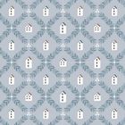 Keine Texte. Ein Muster mit kleinen Häusern und blauen Zweigen auf grauem Hintergrund.