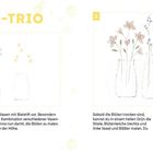 "VASEN-TRIO" in großen gelben Buchstaben. Zwei Schritte mit Blumen in Vasen. Schritt 1: Zeichnen, Schritt 2: Blüten färben.