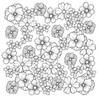 Schwarz-weiße Illustration: Dicht aneinandergereihte, detaillierte Blumenmuster in unterschiedlichen Größen und Formen.