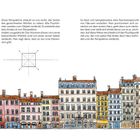 VORDERANSICHT: Zeichnung zur Perspektive mit Häuserreihe. Skizzen illustrieren Fluchtlinien eines Würfels.