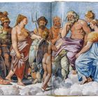 Eine Illustration zeigt mehrere mythologische Figuren in antiker Kleidung und mit Speeren, in einer himmlischen Szenerie.