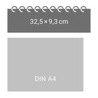 Oben: "32,5 × 9,3 cm". Darunter: Rechteck mit "DIN A4". Spiralbindung am oberen Rand.