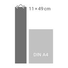 11 × 49 cm; DIN A4. Graues Rechteck links, kleineres hellgraues Rechteck rechts.