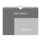 "44 × 34 cm", "DIN A4". Darstellung von Papierformaten in einem Kalenderlayout mit Spiralbindung oben.