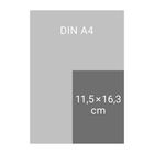 Text: "DIN A4", "11,5×16,3 cm". Eine graue Illustration vergleicht A4-Papier mit einem kleineren Rechteck.