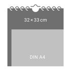 Text: "32 × 33 cm", "DIN A4". Illustration eines Kalenders mit Ringbindung oben.