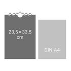Links steht "23,5 × 33,5 cm", rechts "DIN A4". Zwei graue Rechtecke, eines mit Spiralbindung.
