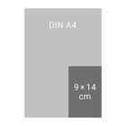 Text "DIN A4", großes Rechteck. Text "9×14 cm", kleines Rechteck überlagernd unten rechts. Graue Flächen.