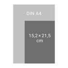 Text: "DIN A4", "15,2 × 21,5 cm". Diagramm zeigt Größenvergleich zwischen zwei Rechtecken.