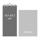 Links ein Rechteck mit „16×34,7 cm“, rechts ein Rechteck mit „DIN A4“. Dazwischen ein Spiralblock oben links.